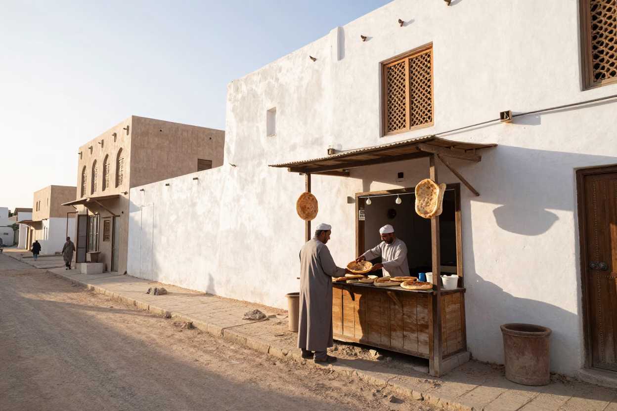 Morning Street Scene in Muscat Oman with Local Bakery and Traditional Architecture in in Muscat, Oman