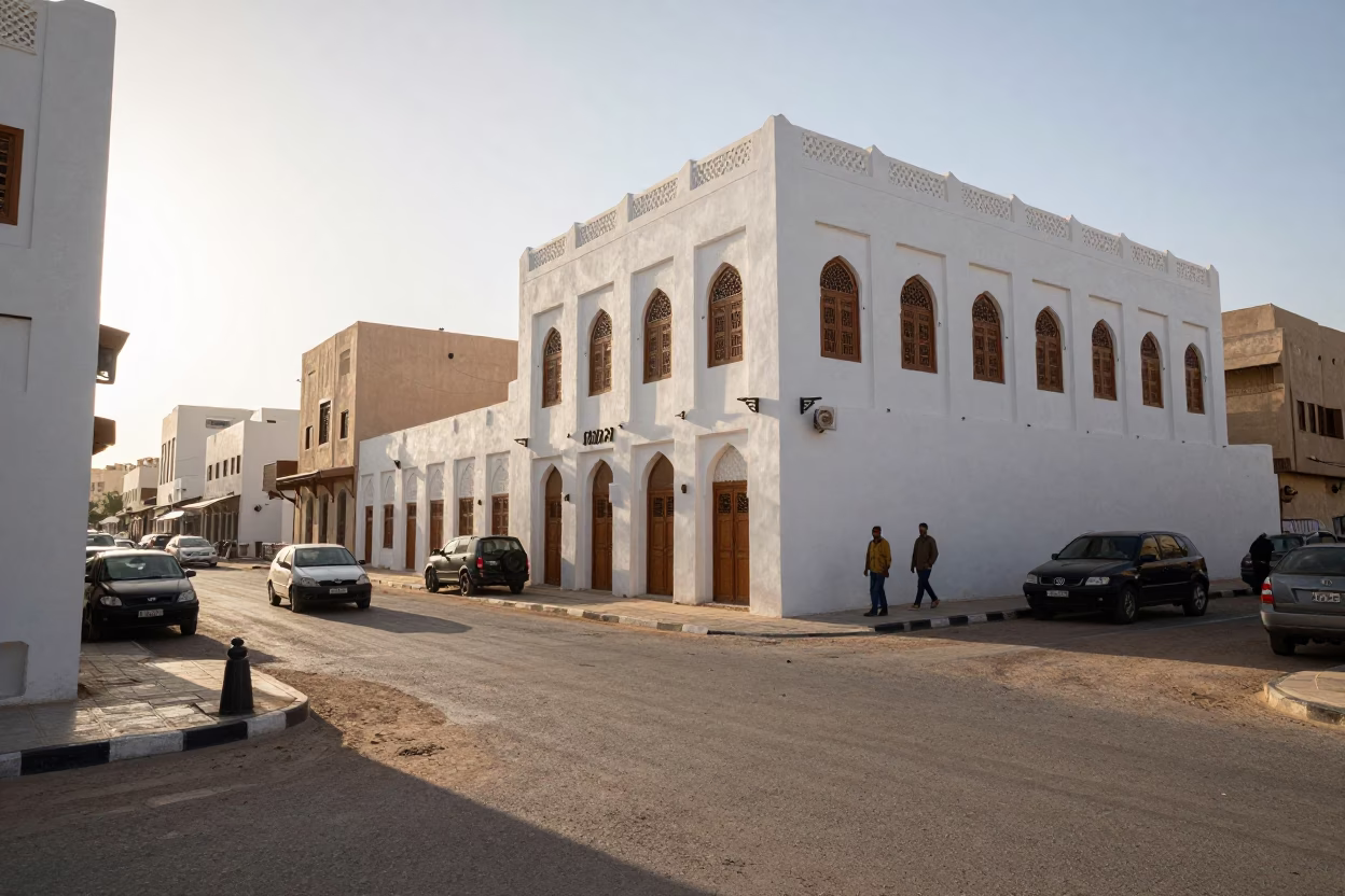 Morning street scene in Muscat Oman with traditional architecture and daily life in in Muscat, Oman