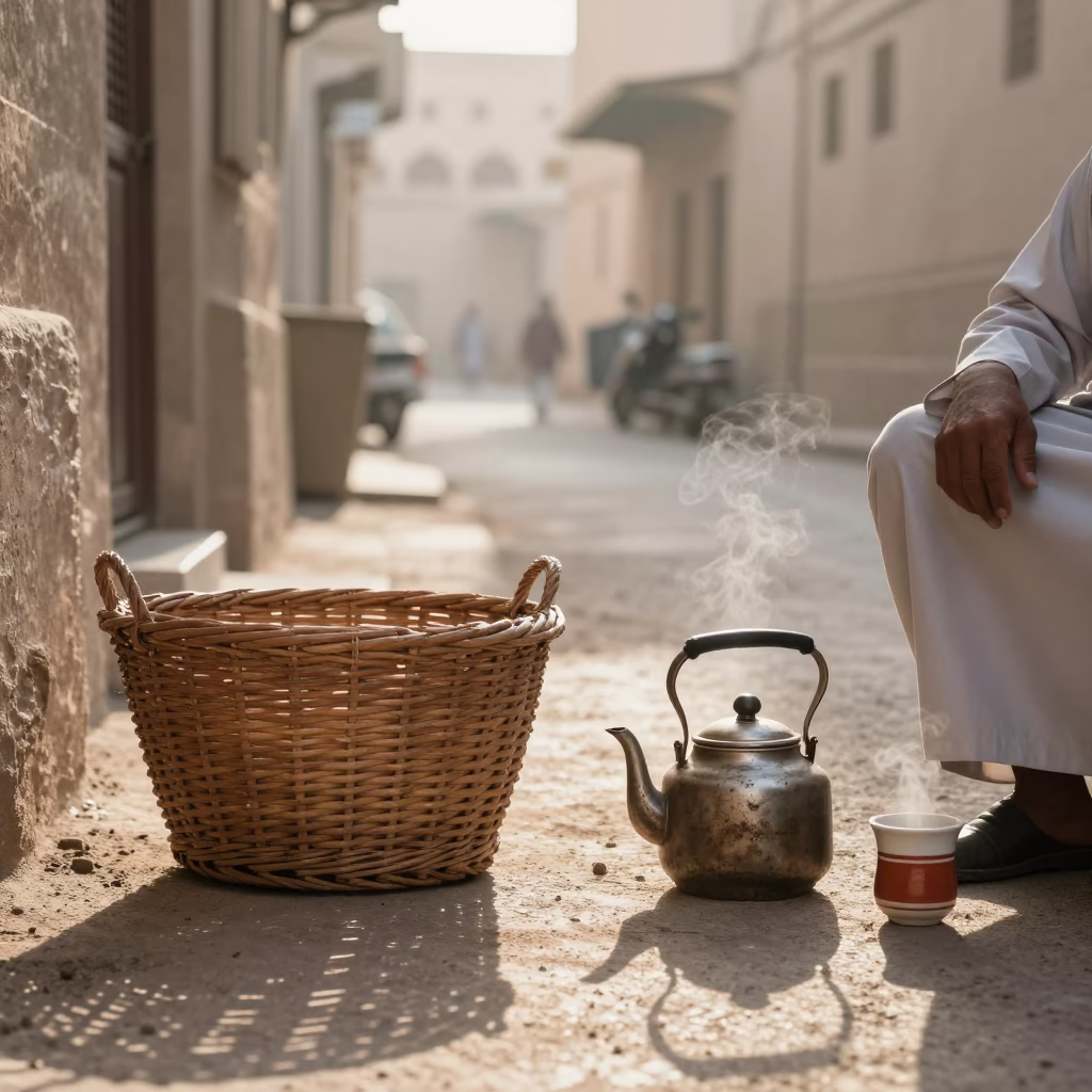 Morning Street Scene in Muscat Oman With Wicker Basket and Tea Kettle in in Muscat, Oman