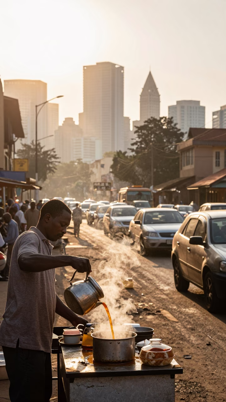 Morning Street Scene in Nairobi Kenya with Chai Vendor and Traffic in in Nairobi, Kenya