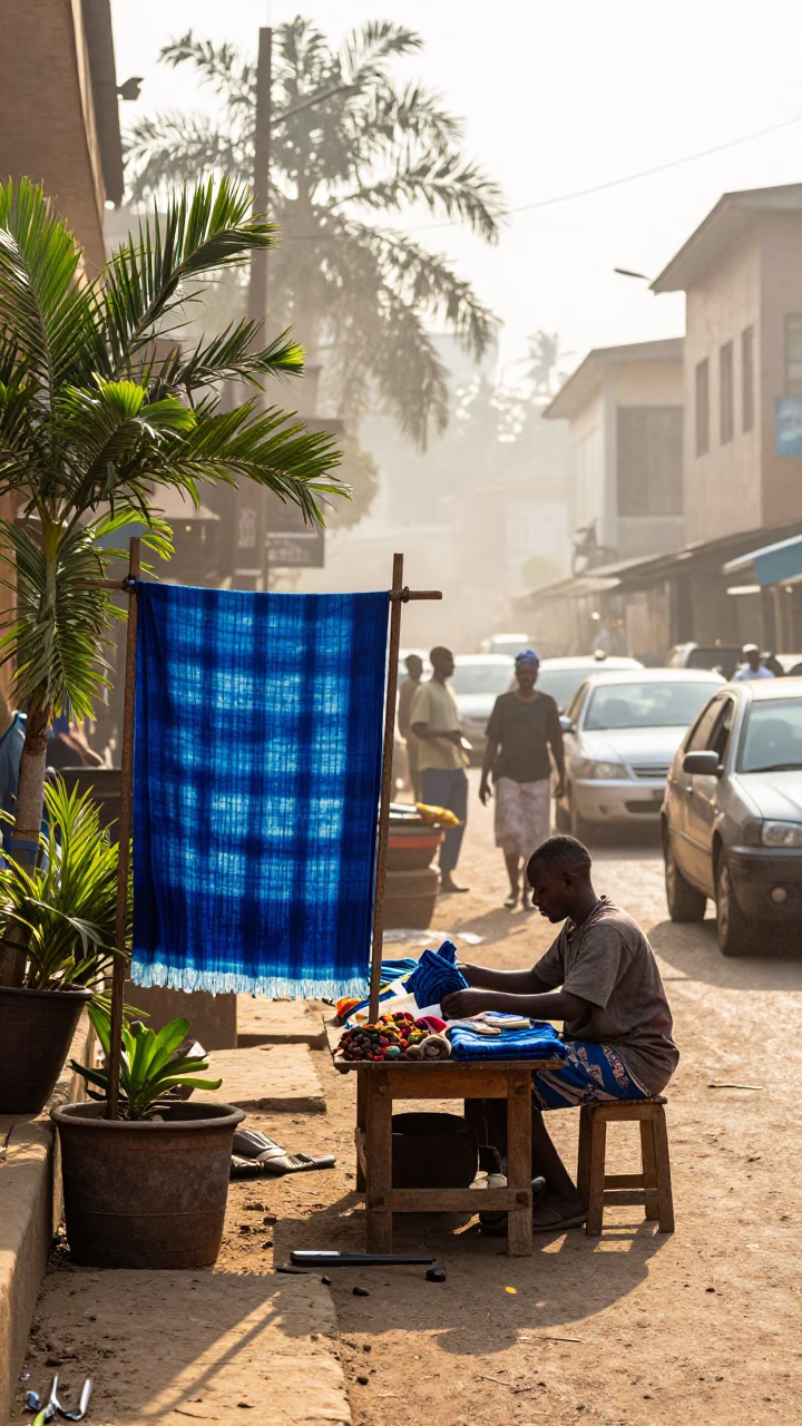 Morning street scene in Nairobi Kenya with indigo fabric and plant pot in in Nairobi, Kenya