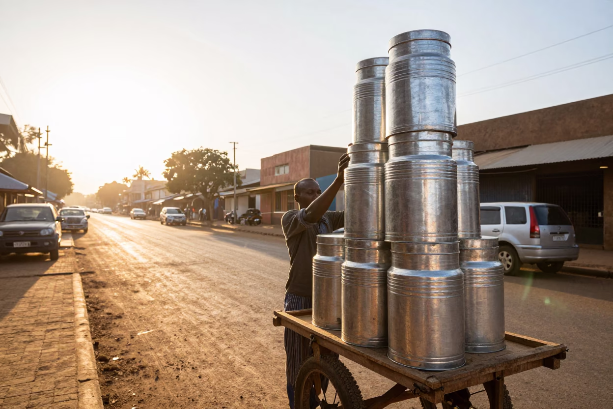 Morning Street Scene in Nairobi Kenya with Tiffin Tin and Concrete Architecture in in Nairobi, Kenya