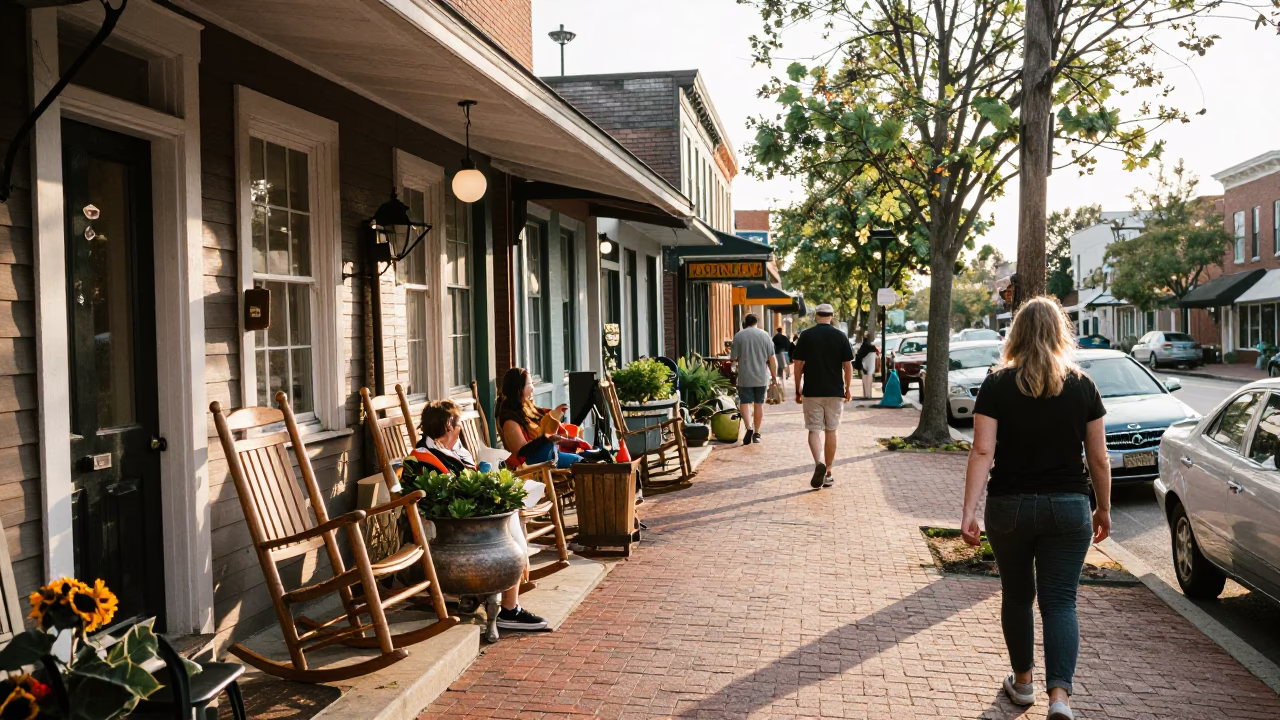 Morning street scene in Nashville Tennessee with locals and vintage decor in in Nashville, Tennessee, United States
