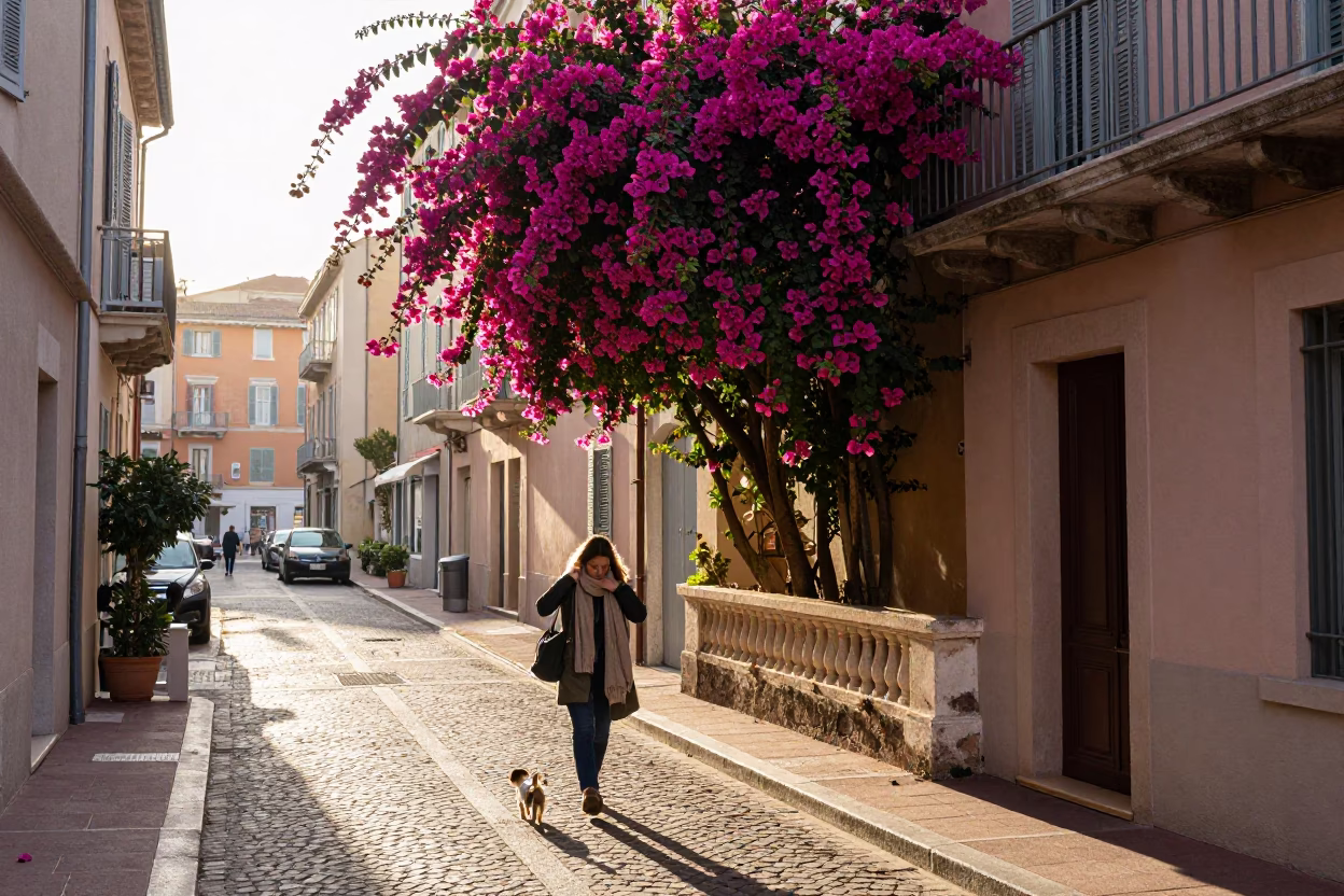Morning Street Scene in Nice France with Bougainvillea and Local Life in in Nice, France