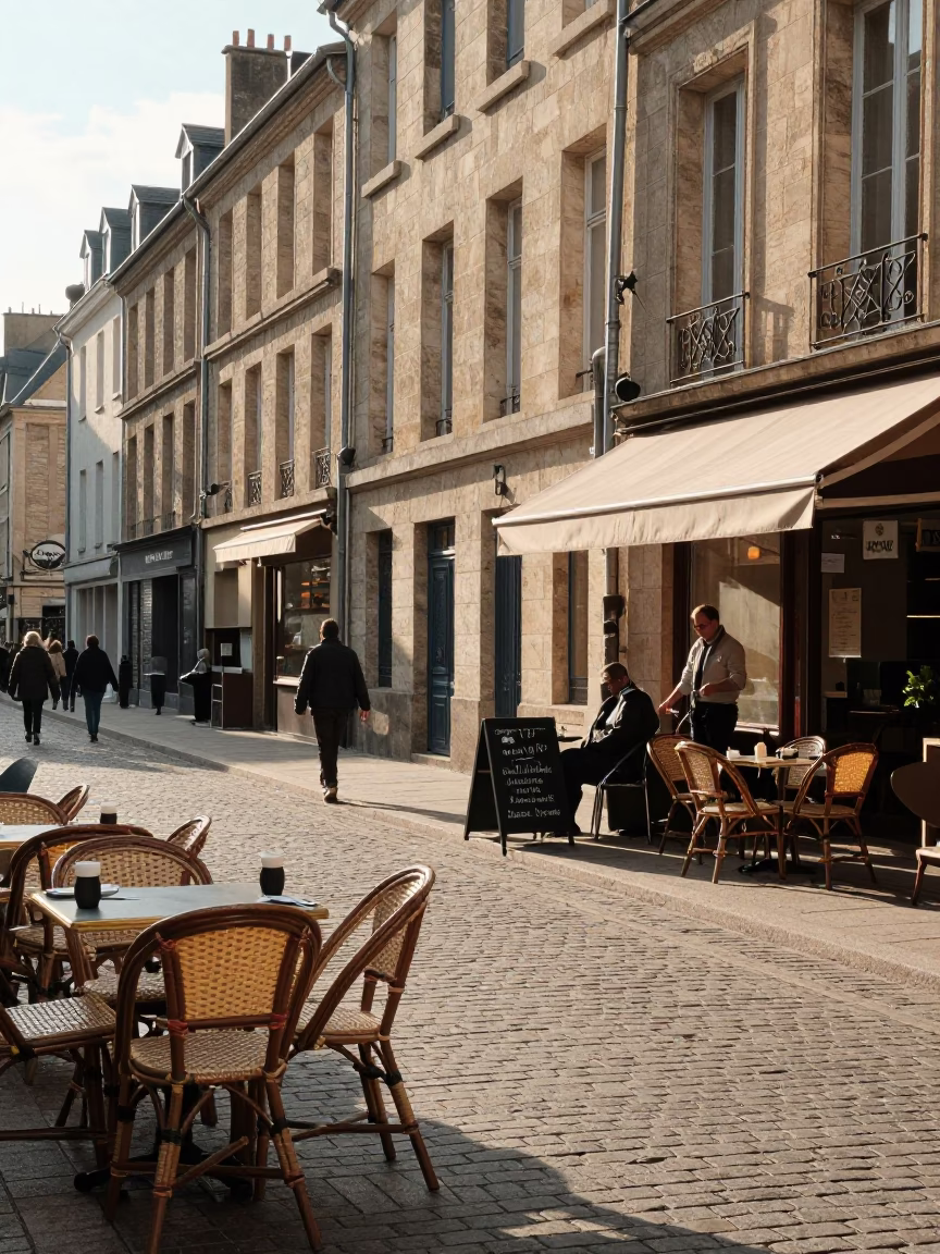 Morning Street Scene in Nice France with Rattan Chair and Cutlery After Sunrise in in Nice, France