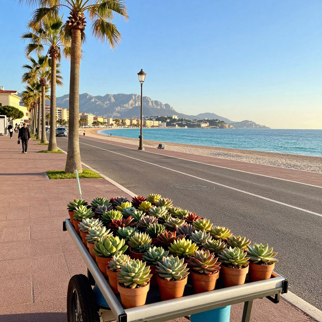 Morning Street Scene in Nice France with Succulents and Local Life in in Nice, France