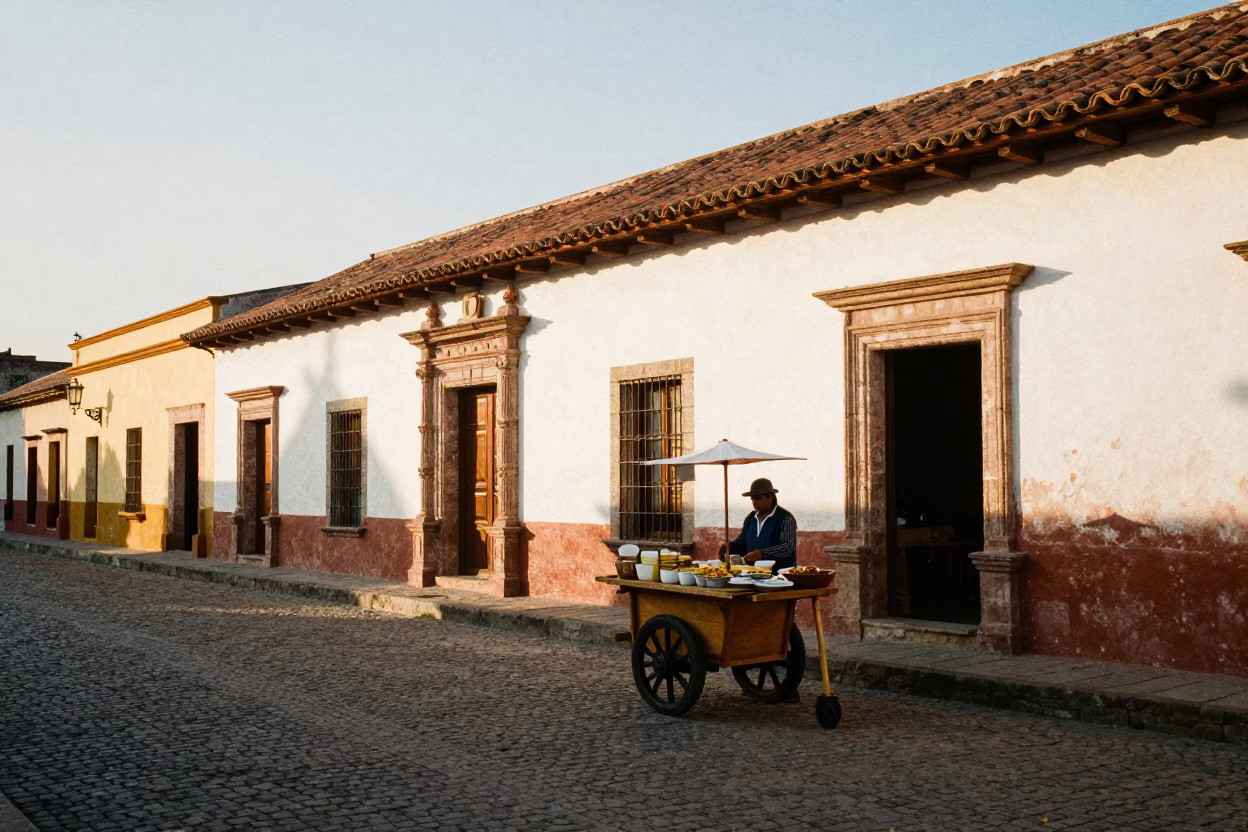 Morning Street Scene in Oaxaca Mexico with Traditional Food and Colonial Architecture in in Oaxaca, Mexico