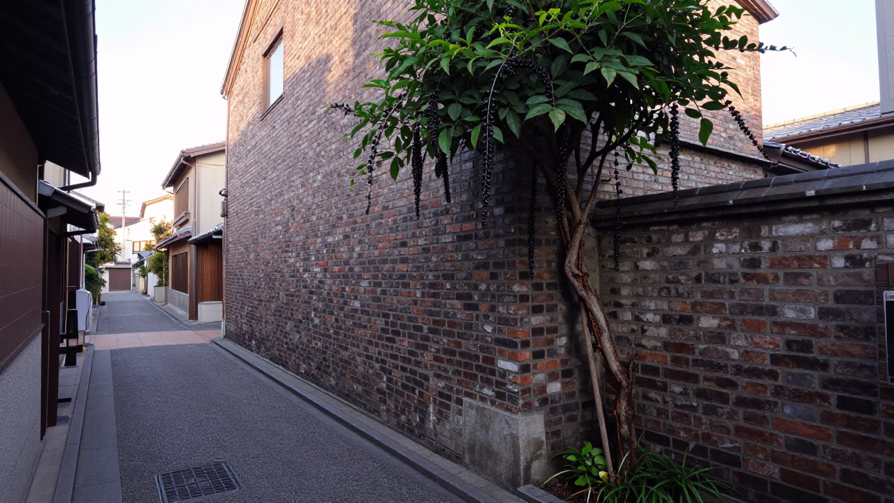 Morning Street Scene in Osaka Japan with Black Pepper Vine and Toolbox in in Osaka, Japan