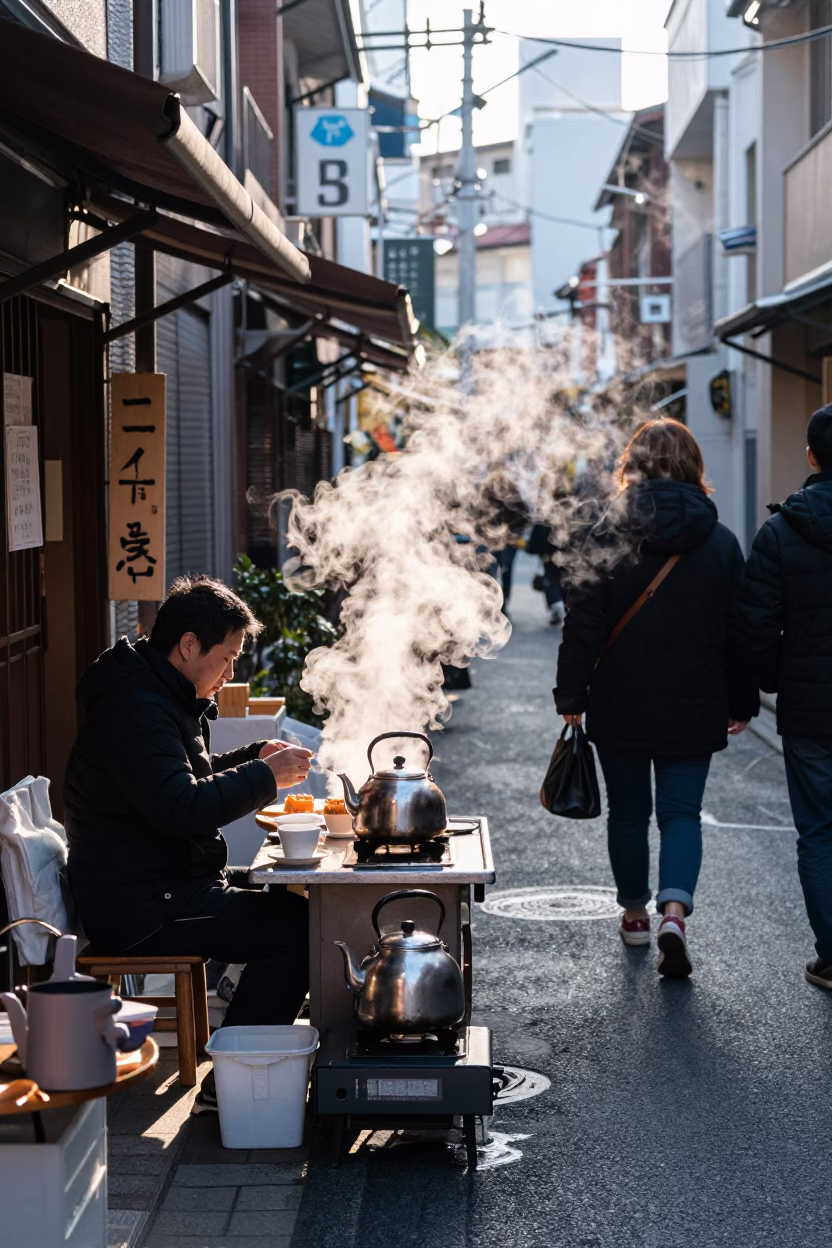 Morning Street Scene in Osaka Japan with Steam and Local Breakfast Culture in in Osaka, Japan