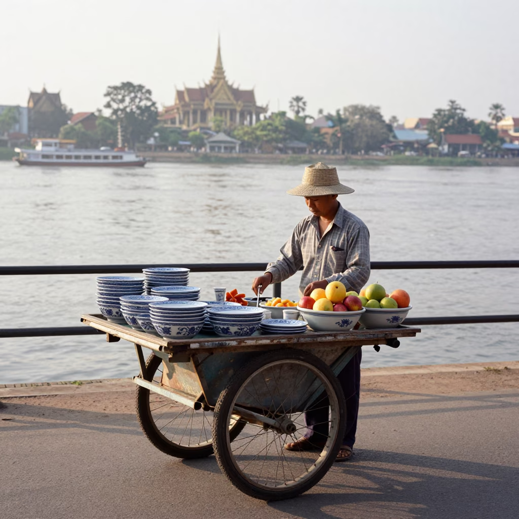 Morning Street Scene in Phnom Penh Cambodia with Blue and White Porcelain Bowl in in Phnom Penh, Cambodia