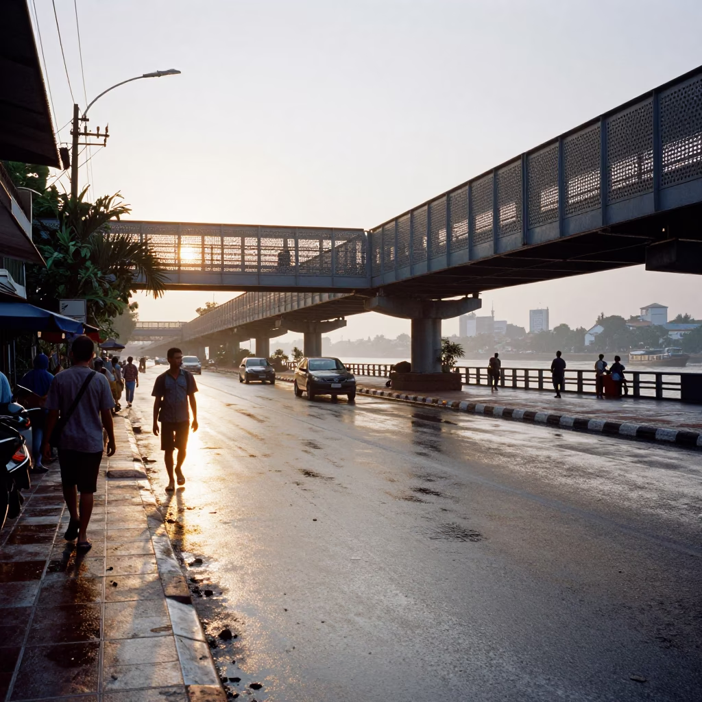 Morning street scene in Phnom Penh Cambodia with wet pavement and pedestrian overpass in in Phnom Penh, Cambodia