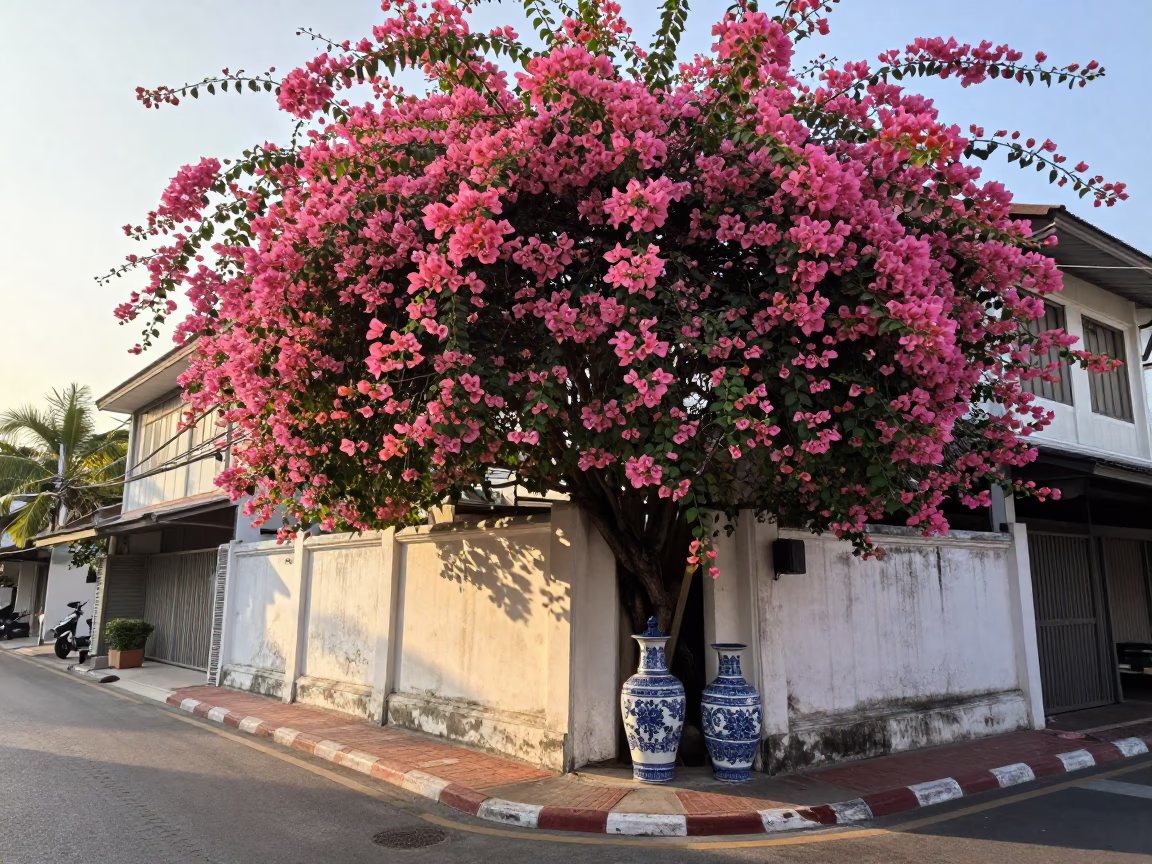 Morning Street Scene in Phuket Thailand with Bougainvillea and Blue Porcelain Jar in in Phuket, Thailand