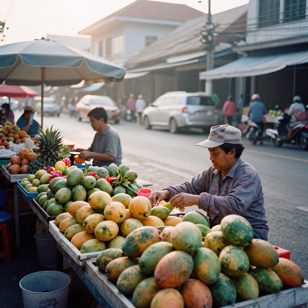 Morning Street Scene in Phuket Thailand with Local Market Vendor and Early Sunrise Light in in Phuket, Thailand
