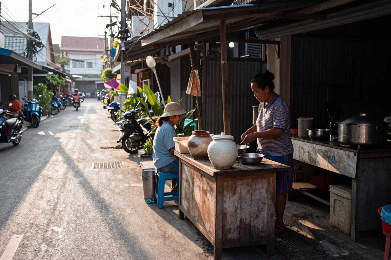 Morning Street Scene in Phuket Thailand with Local Vendor and Kitchen Items in in Phuket, Thailand