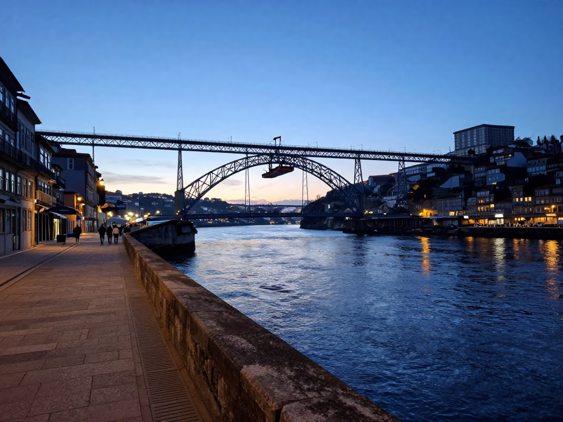 Morning Street Scene in Porto Portugal Before Sunrise with Bridge Maintenance Equipment in in Porto, Portugal