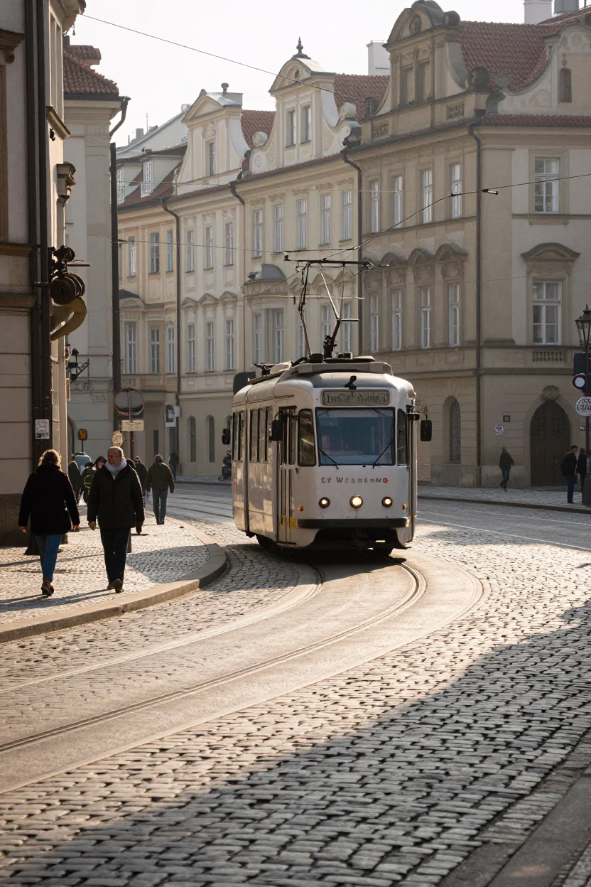 Morning street scene in Prague Czech Republic with vintage tram and pedestrians in in Prague, Czech Republic