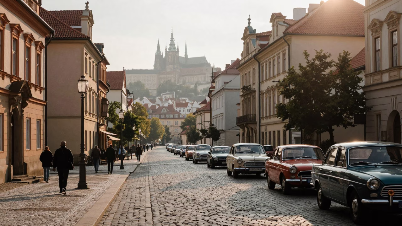 Morning Street Scene in Prague with Vintage Car Rally and Chestnut Tree in in Prague, Czech Republic