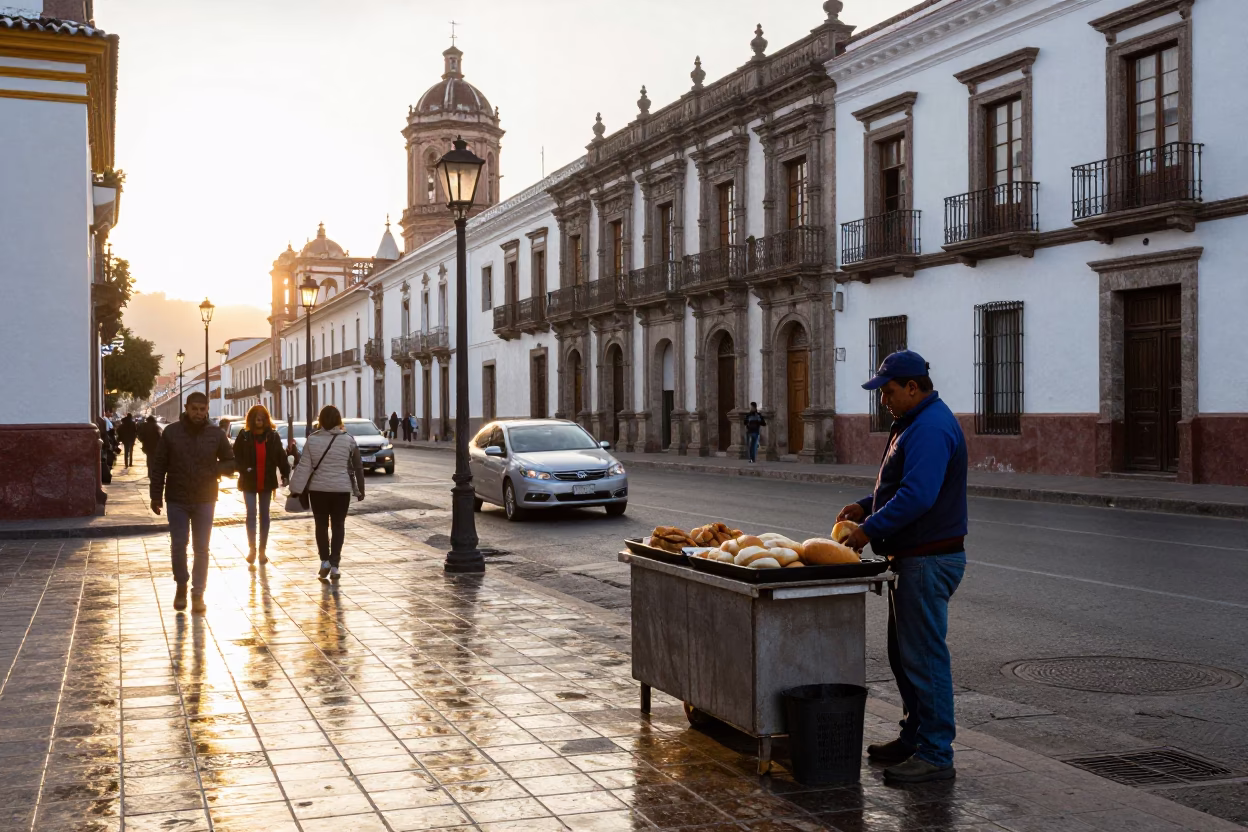 Morning Street Scene in Quito Ecuador with Polished Brass Tile and Local Life in in Quito, Ecuador