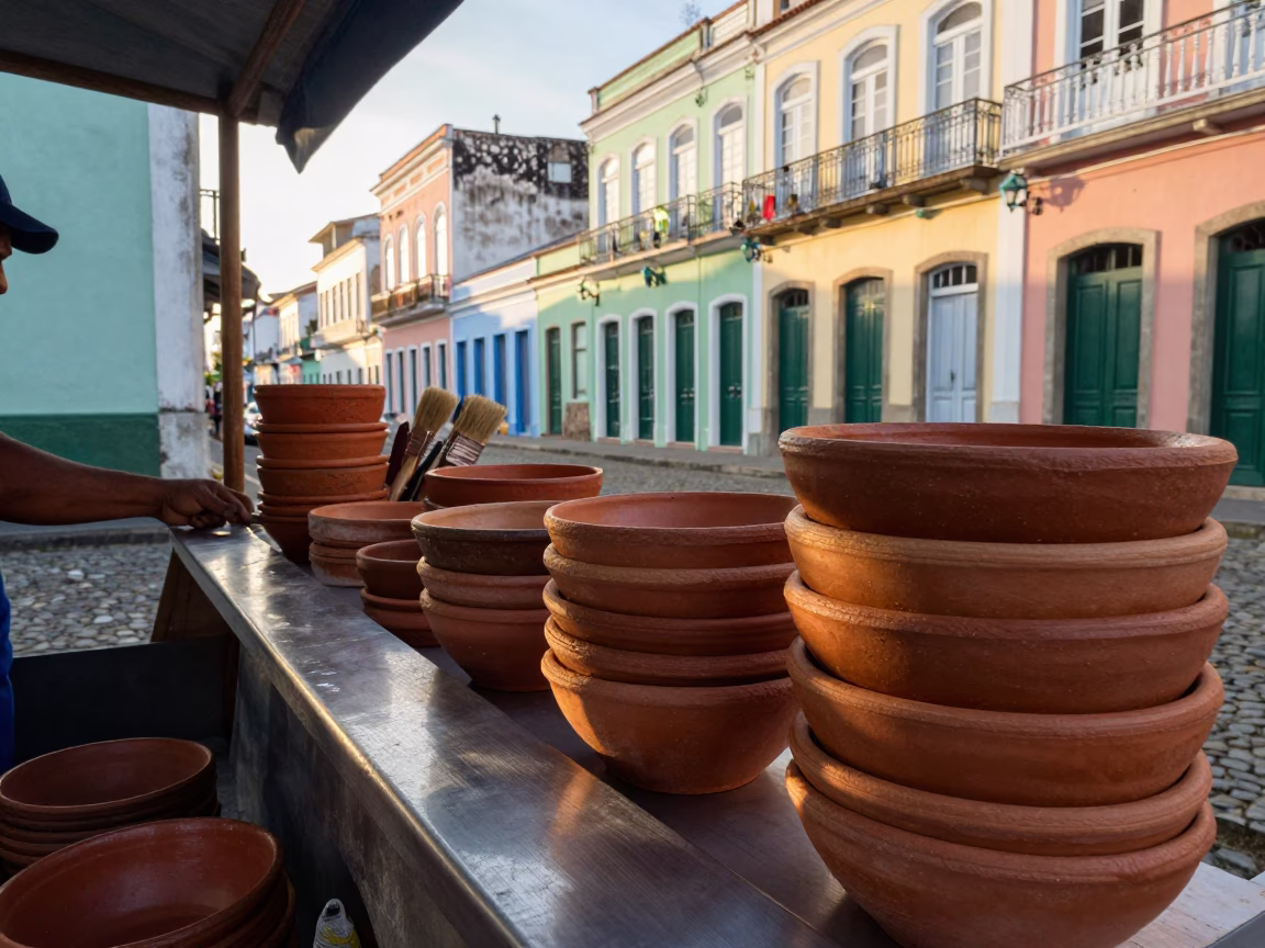 Morning Street Scene in Salvador Brazil with Terracotta Bowls and Brushed Steel Runner in in Salvador, Brazil