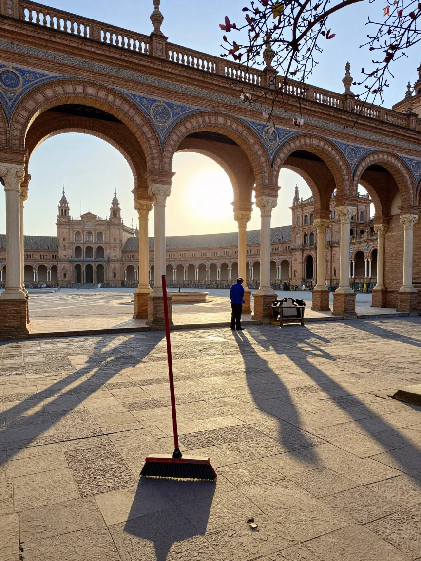 Morning Street Scene in Seville Spain with Hand Broom and Magnolia Bloom in in Seville, Spain