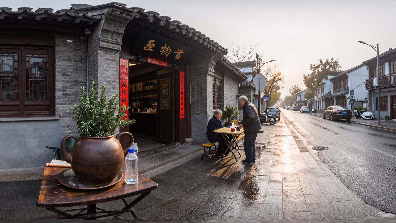 Morning Street Scene in Shanghai China with Vintage Teapot and Rosemary in in Shanghai, China