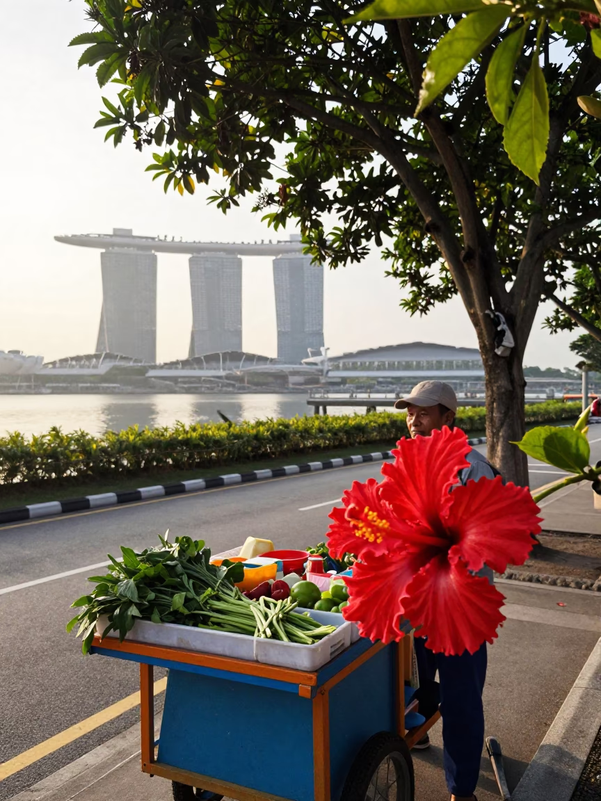 Morning Street Scene in Singapore Near Marina Barrage with Hibiscus Flower Detail in in Singapore, Singapore