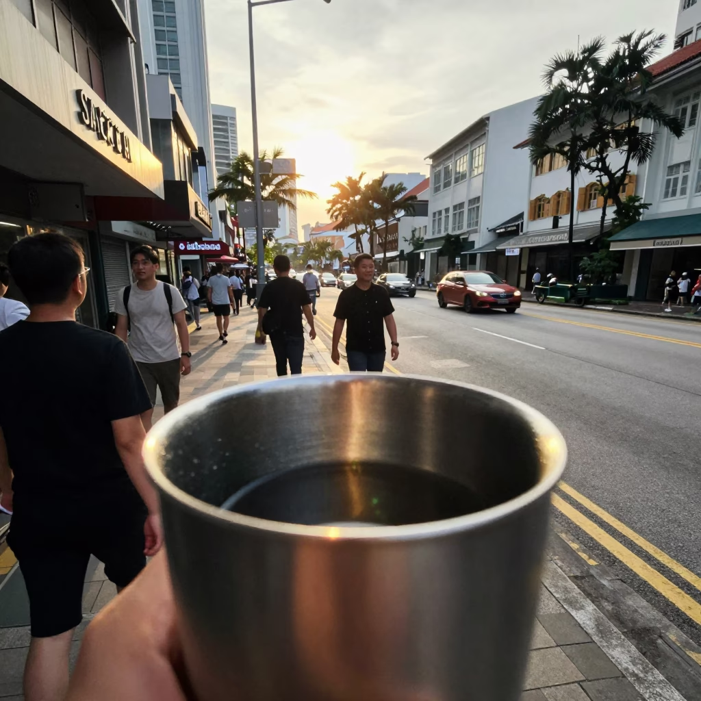 Morning Street Scene in Singapore with Brushed Steel Cup Rim and Monorail in in Singapore, Singapore