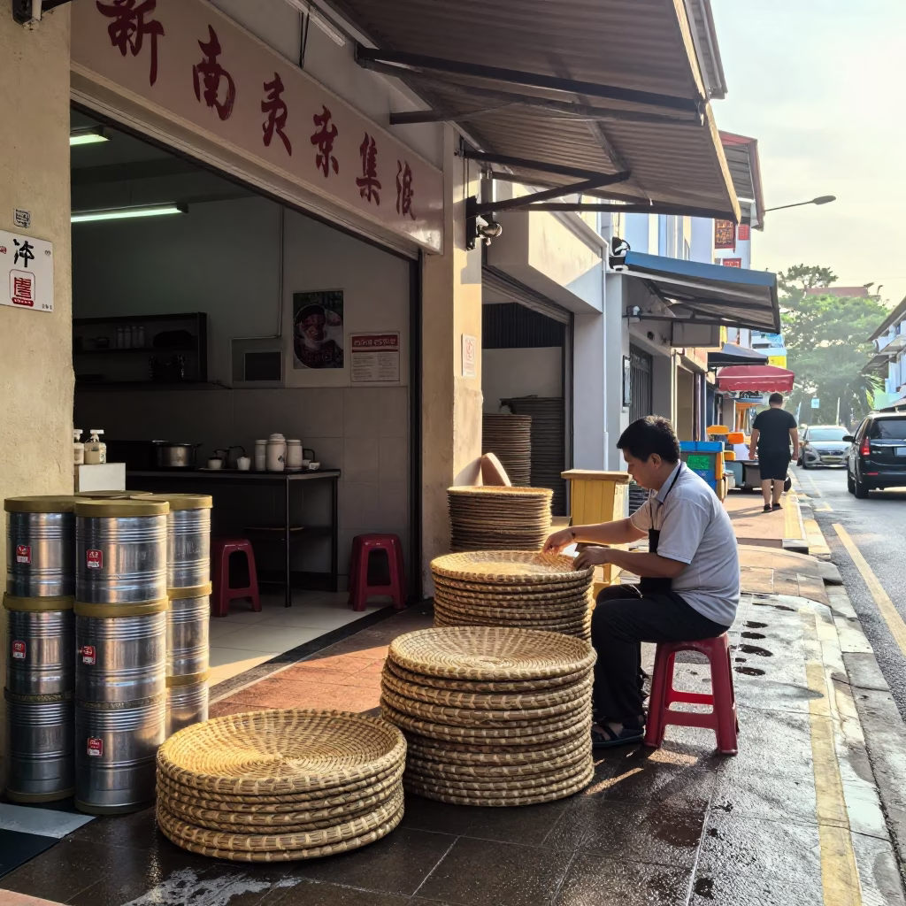 Morning street scene in Singapore with tiffin tin and woven mat in in Singapore, Singapore