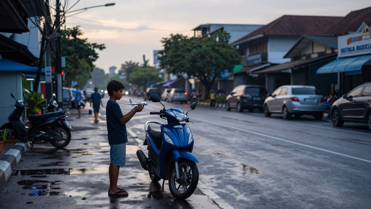 Morning Street Scene in Surabaya Indonesia with Model Airplane and Wet Asphalt in in Surabaya, Indonesia
