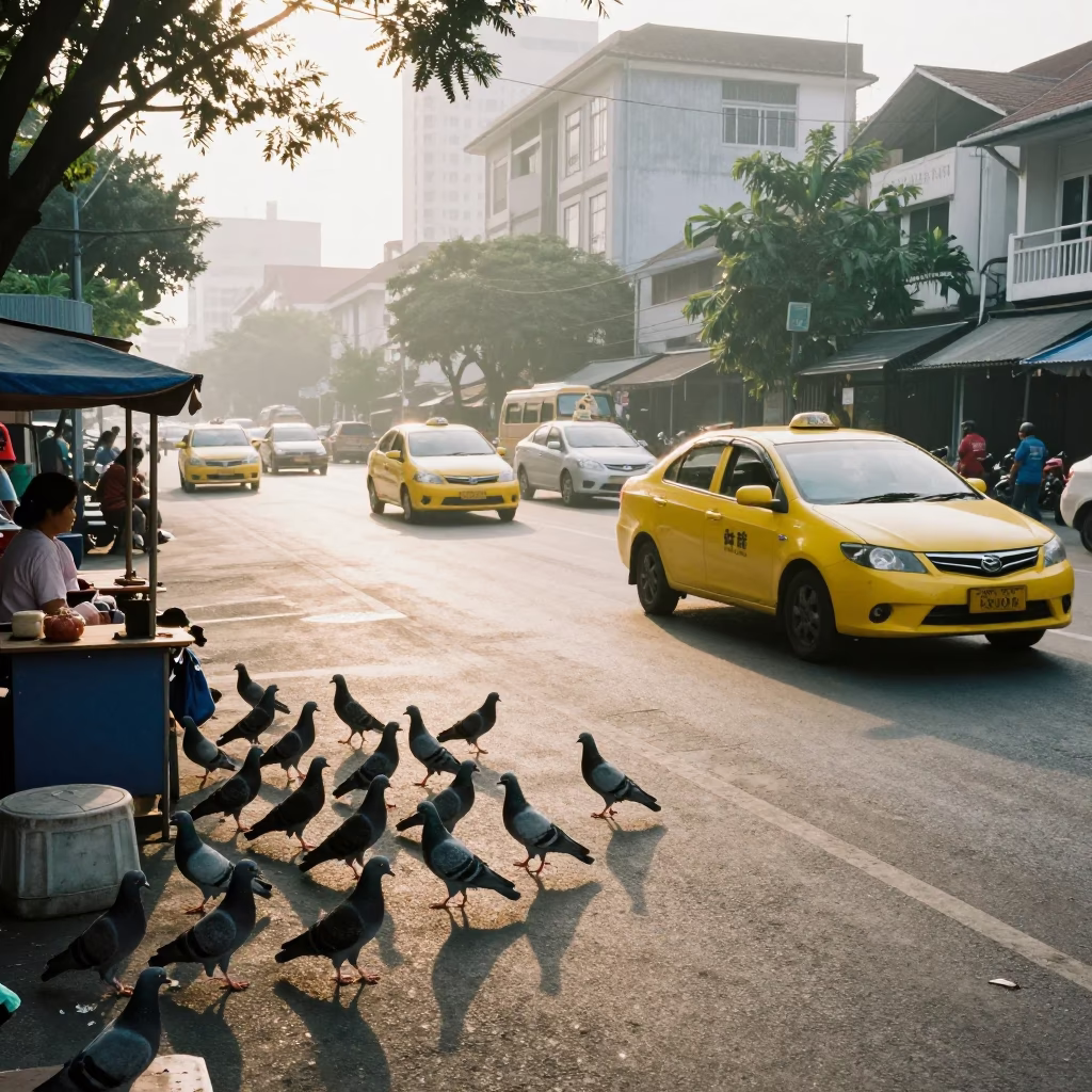 Morning Street Scene in Surabaya Indonesia with Pigeons and Yellow Taxi in in Surabaya, Indonesia