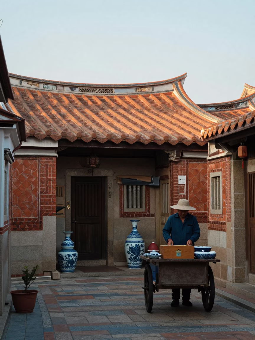 Morning Street Scene in Tainan Taiwan with Blue and White Porcelain and Local Breakfast in in Tainan, Taiwan