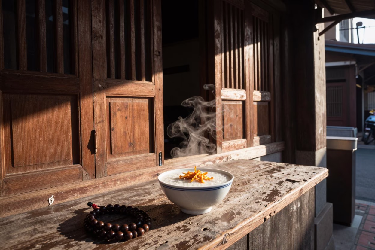Morning Street Scene in Tainan Taiwan with Congee and Prayer Beads in in Tainan, Taiwan