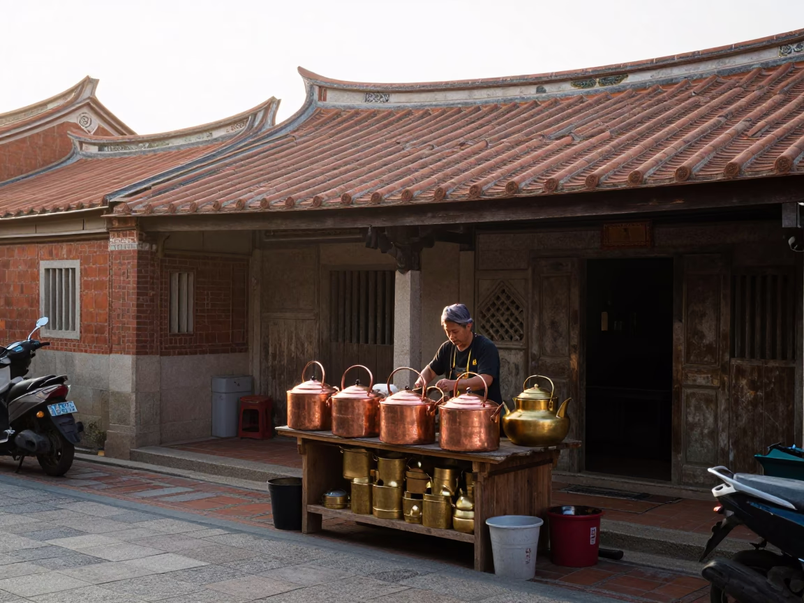 Morning street scene in Tainan Taiwan with copper pots and tea strainer in in Tainan, Taiwan