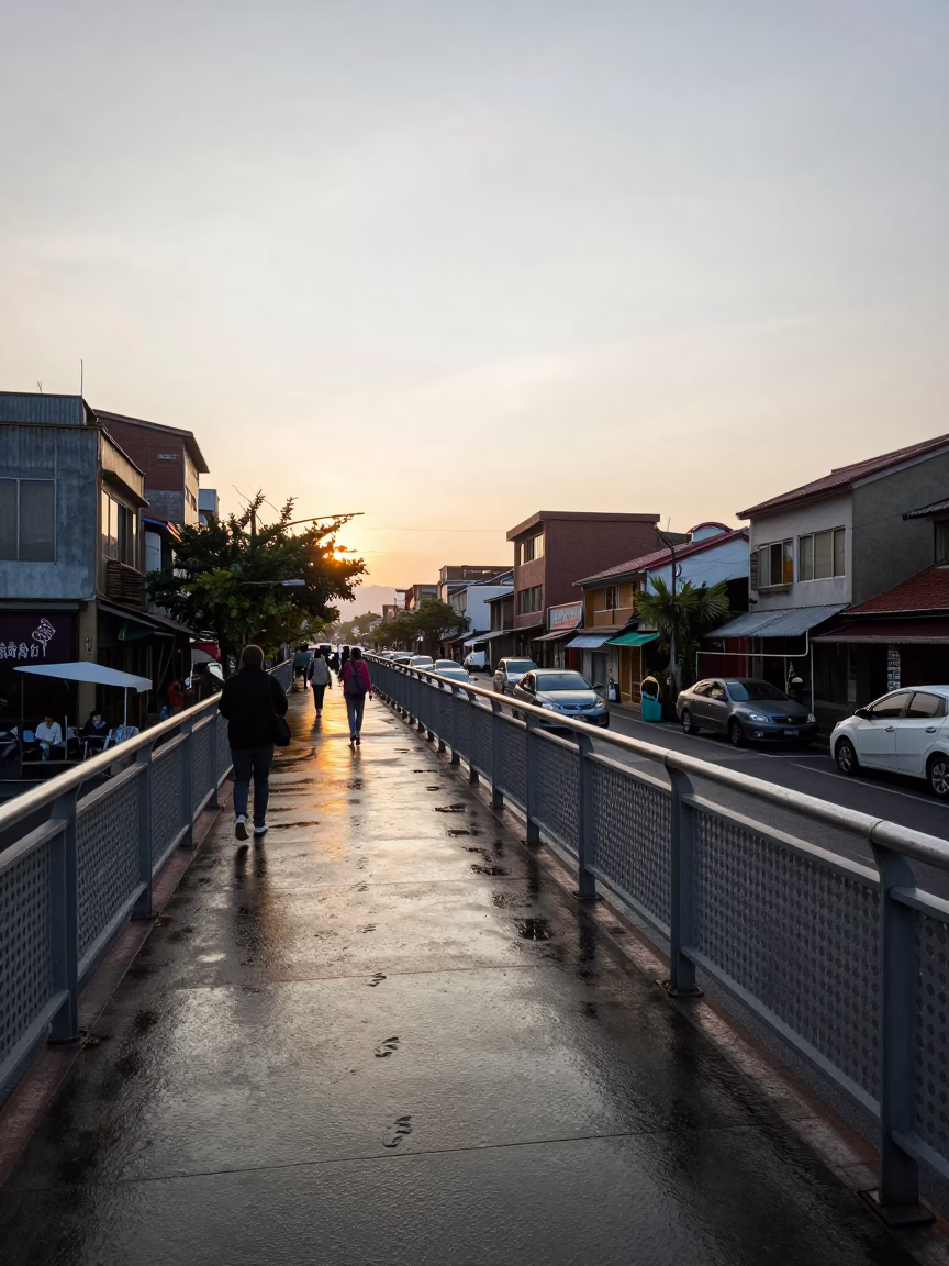 Morning Street Scene in Tainan Taiwan with Pedestrian Overpass and Local Breakfast in in Tainan, Taiwan