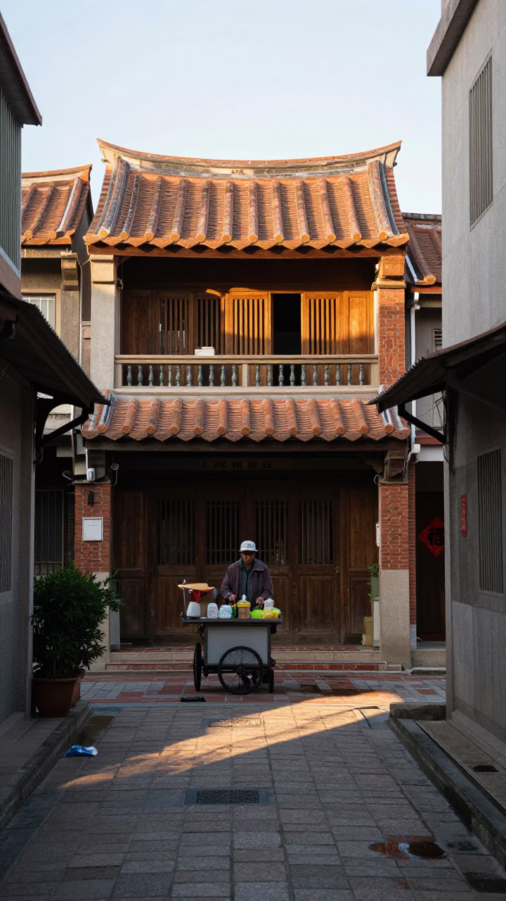 Morning street scene in Tainan Taiwan with vendor and traditional tea shop in in Tainan, Taiwan