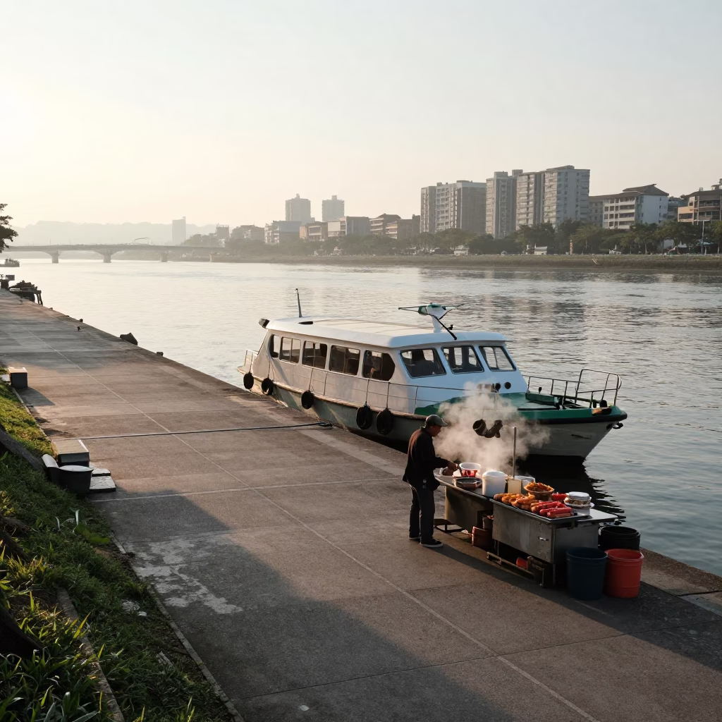 Morning Street Scene in Taipei Taiwan with Water Taxi and Floating Dock at Sunrise in in Taipei, Taiwan