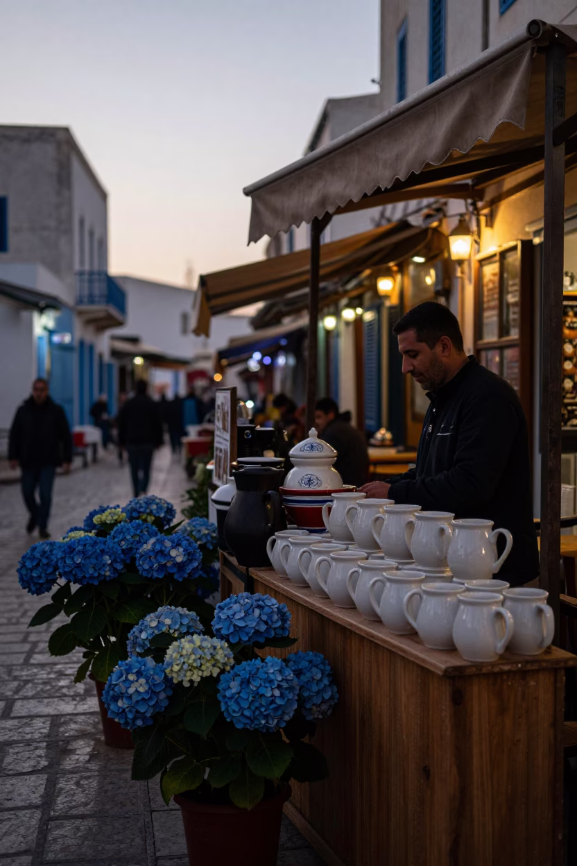 Morning Street Scene in Tunis Tunisia with Hydrangeas and Ceramic Mugs at Nautical Dawn in in Tunis, Tunisia