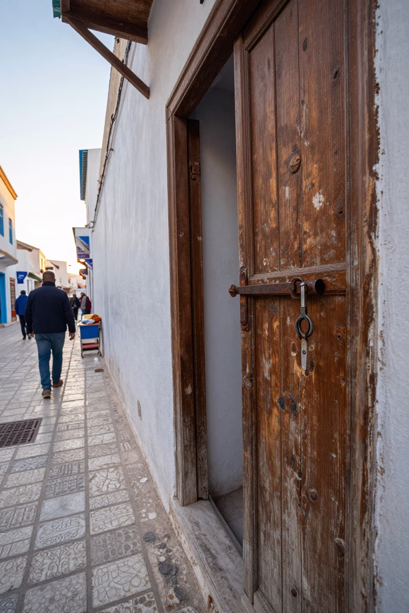 Morning Street Scene in Tunis Tunisia with Latch and Tailor Shears in in Tunis, Tunisia