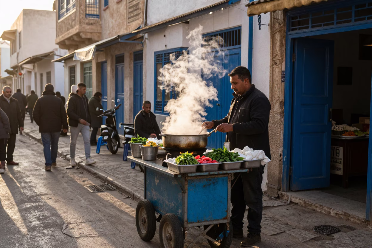 Morning Street Scene in Tunis Tunisia with Steaming Hotpot and Local Market Activity in in Tunis, Tunisia