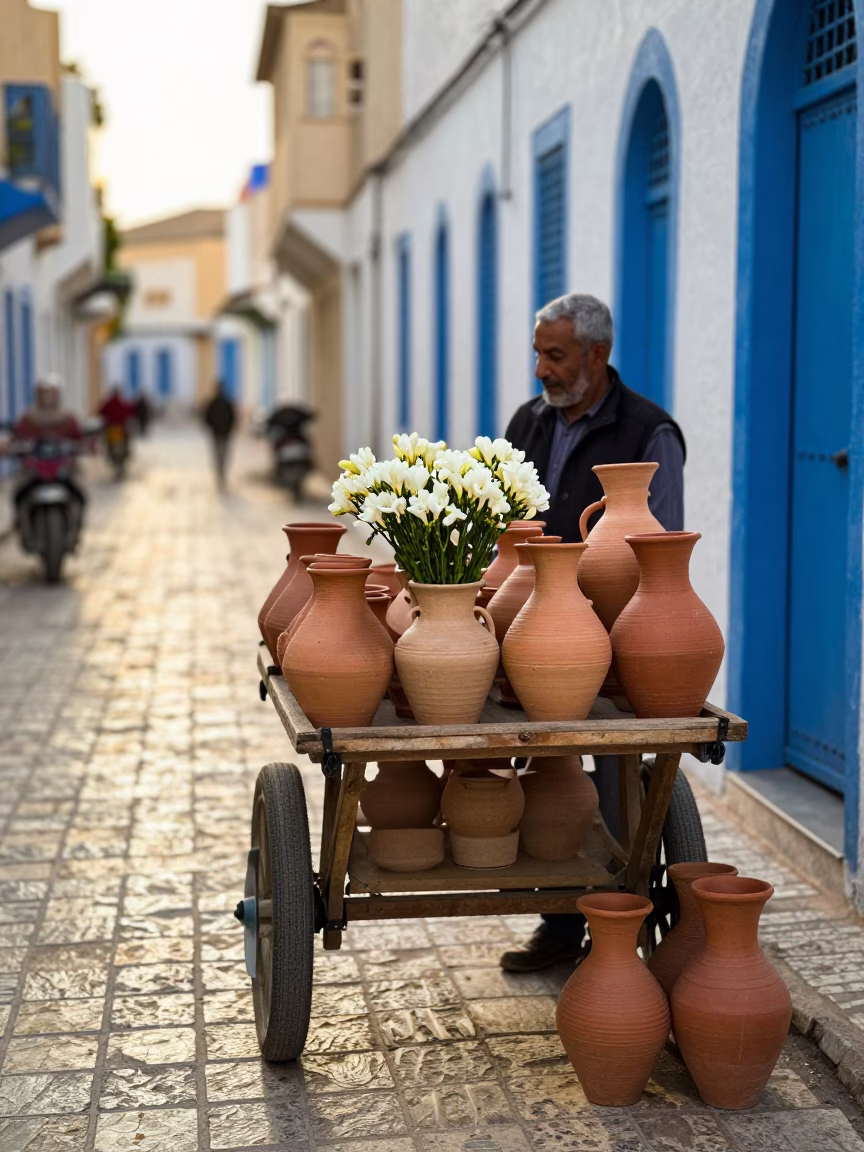 Morning street scene in Tunis Tunisia with traditional pottery and fresh flowers at sunrise in in Tunis, Tunisia