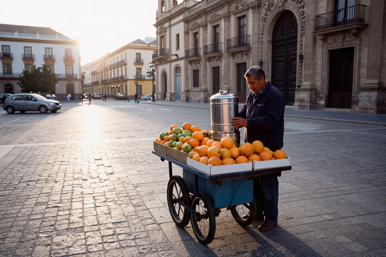 Morning Street Scene in Valencia Spain with Tiffin Tin and Tea Infuser in in Valencia, Spain