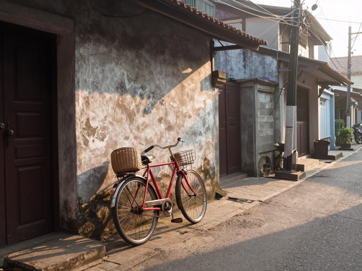 Morning Street Scene in Yogyakarta Indonesia with Bicycle and Woven Cane Light in in Yogyakarta, Indonesia