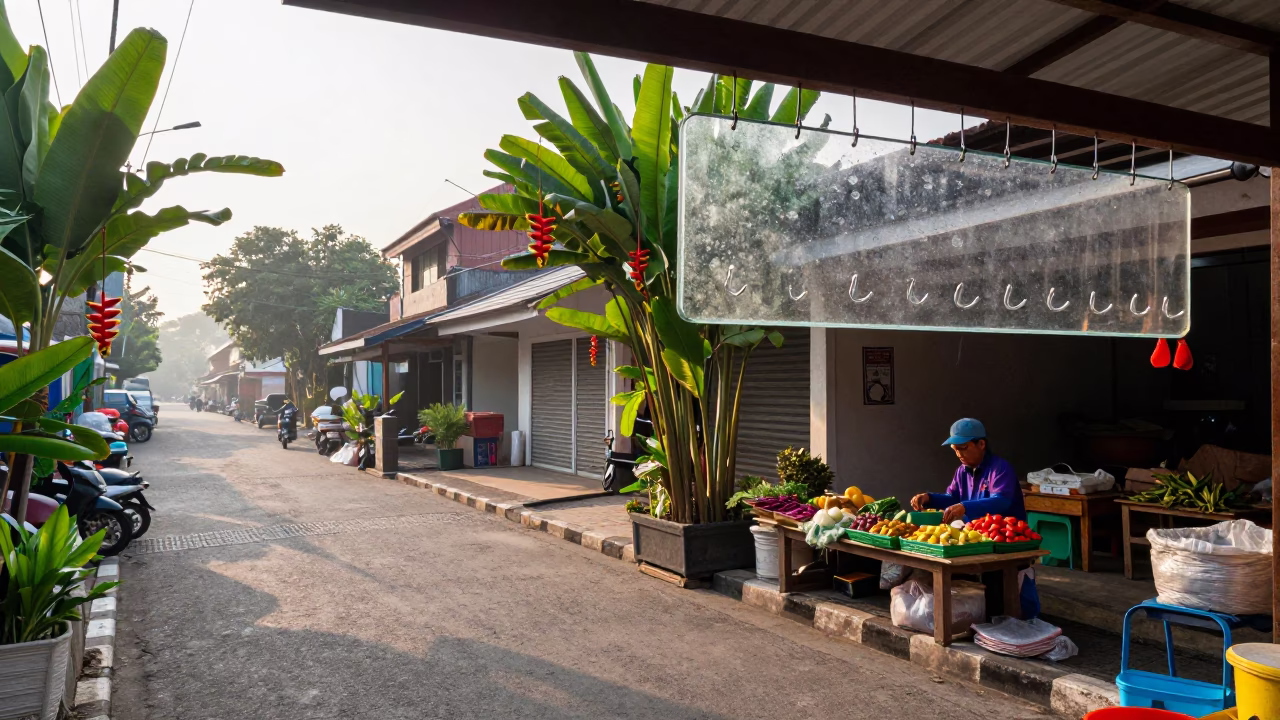 Morning Street Scene in Yogyakarta Indonesia with Heliconia and Urban Details in in Yogyakarta, Indonesia