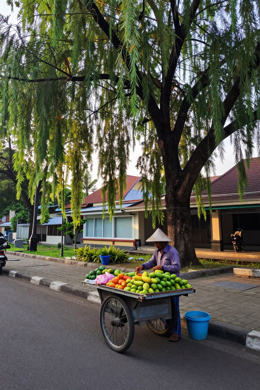 Morning street scene in Yogyakarta Indonesia with vendor and local details in in Yogyakarta, Indonesia