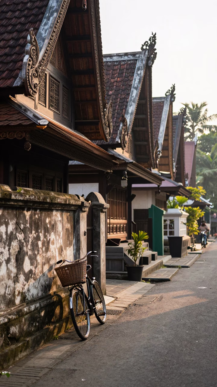 Morning Street Scene in Yogyakarta Indonesia with Vintage Bicycle and Traditional Architecture in in Yogyakarta, Indonesia