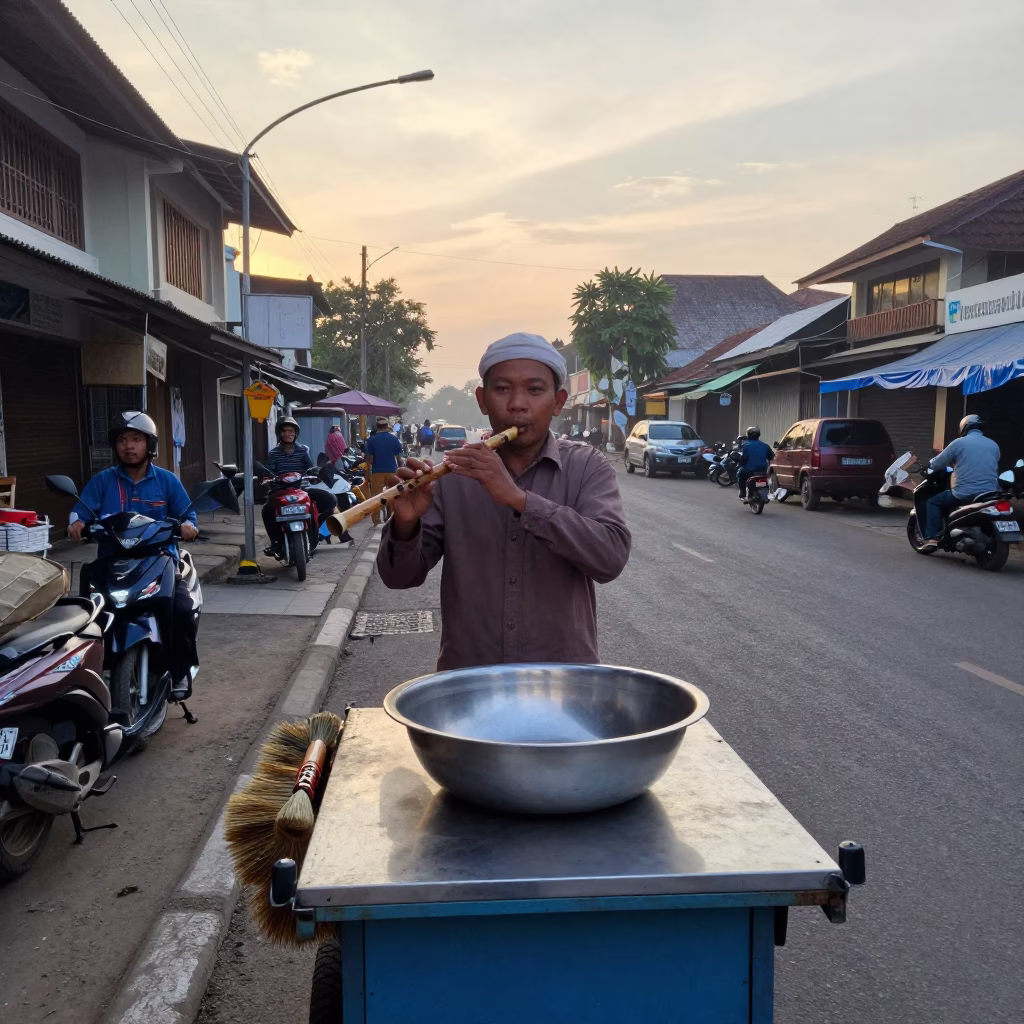 Morning Street Scene in Yogyakarta Indonesia with Wooden Flute and Brushed Steel Basin in in Yogyakarta, Indonesia