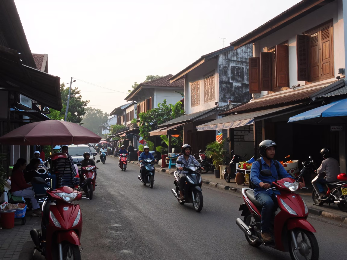 Morning Street Scene in Yogyakarta with Local Vendors and Early Light in in Yogyakarta, Indonesia