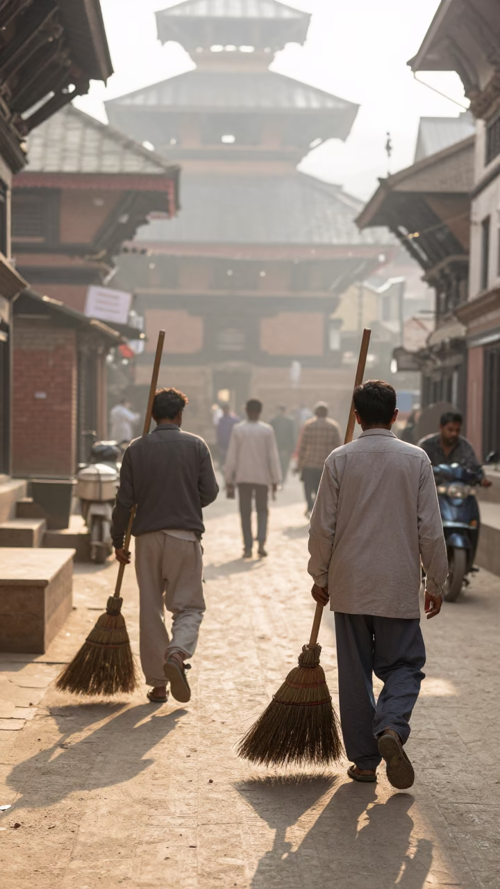 Morning Street Sweepers in Kathmandu Nepal with Traditional Brooms Just After Sunrise in in Kathmandu, Nepal