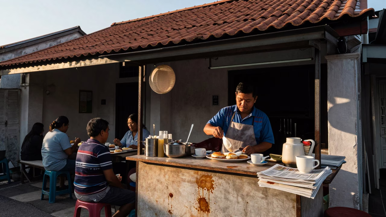 Morning street vendor breakfast stall with tea stains and newspaper in George Town Malaysia in in George Town, Malaysia