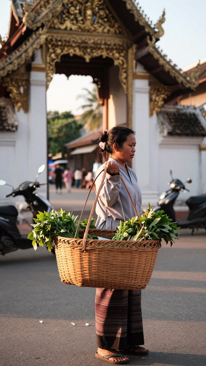 Morning street vendor in Chiang Mai Thailand with woven basket and traditional market scene in in Chiang Mai, Thailand